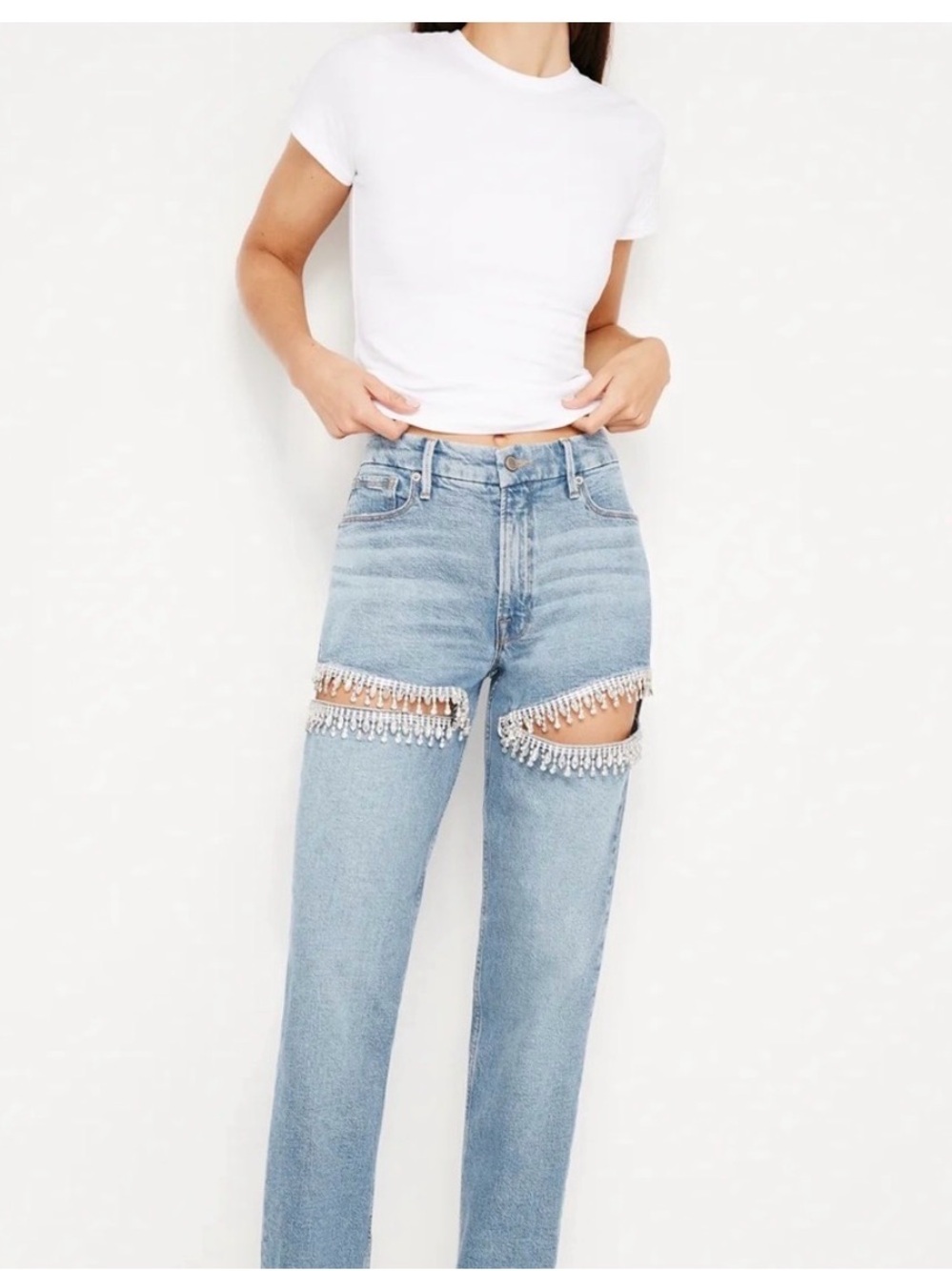Good American Light Blue Straight-Leg Jeans with Crystal-Fringe Thigh Cutouts 2